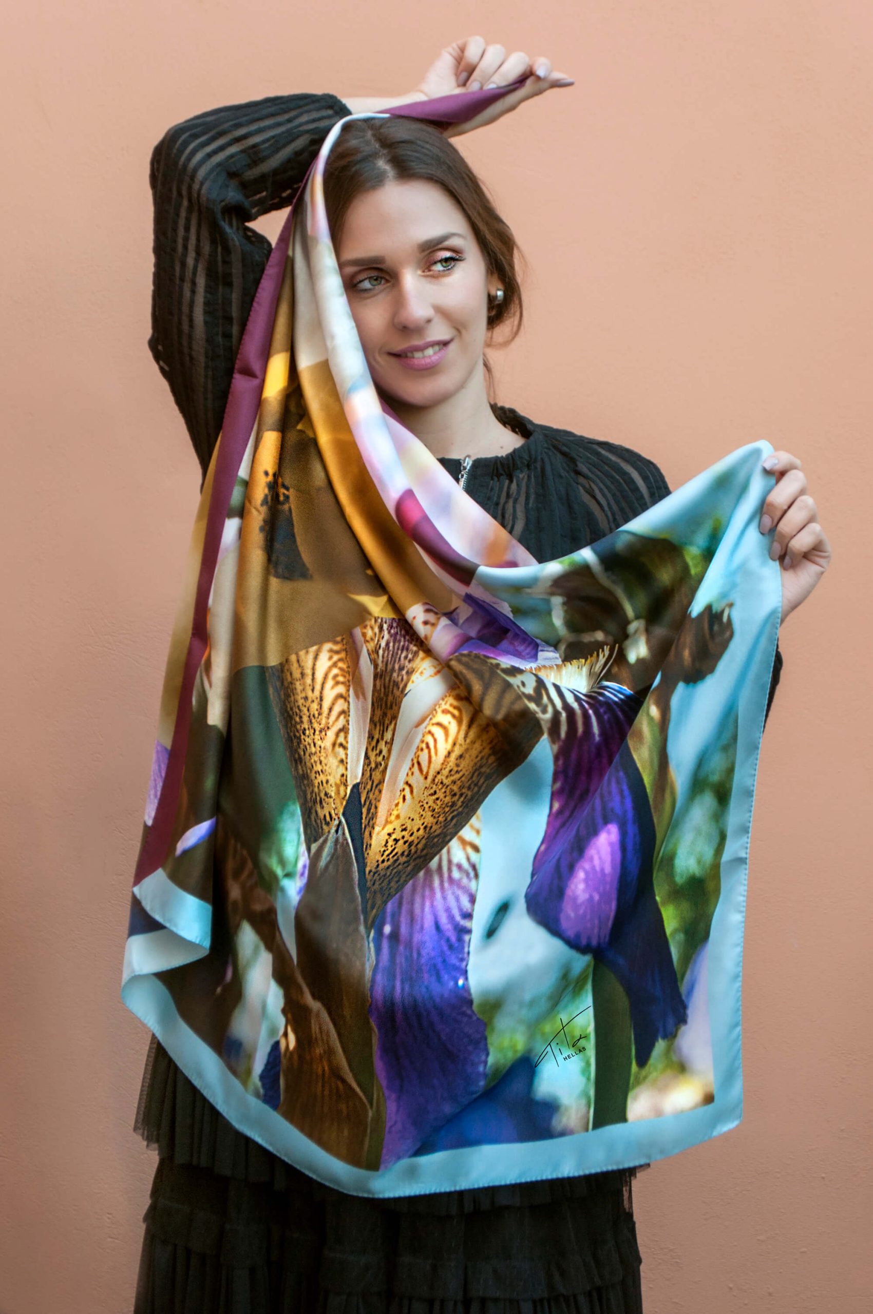 krinio is a silk colorful floral scarf square 90cm designed by the Greek artist Tita Bonatsou.