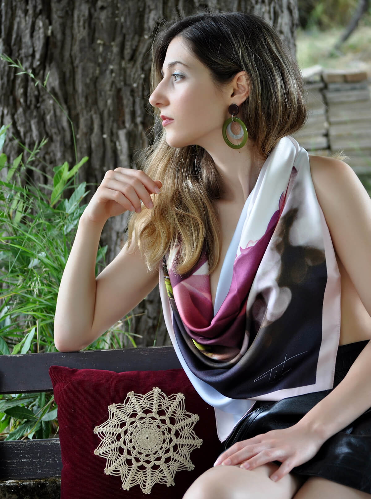 Efthalia , A white rose printed on a silk twill scarf by Titahellas.com