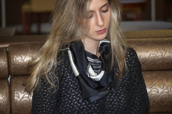 model with tita hella silk scarf Riga by disegner Tita Bonatsou